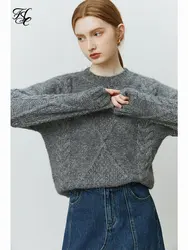 FSLE Retro Rhombus Pattern Twist Knitted Pullover Sweater for Women Winter Chic Design Round Neck Product Knitted Sweater Women