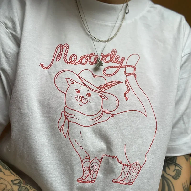 Meowdy Cat Watch Out Short Sleeve T-shirt Cute Cat Print Tops Cat Will Save The World Cartoon Tshirts Casual Tees