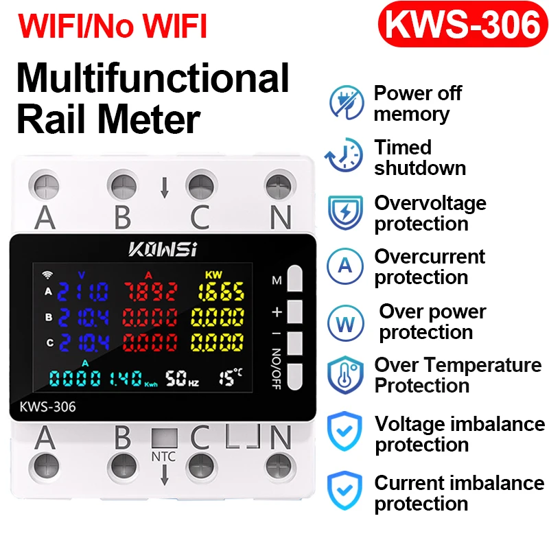 KWS 306 Energy Meter Power Meter Color Screen AC 85-290V Voltmeter Voltage Kwh Meter Over Under Voltage Protector 3 Phase 4 Wire
