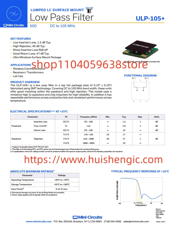 ULP-105+        116MHz (cut-off value) frequency low-pass RF filter (radio frequency) 105MHz bandwidth 2dB 6-SMD module