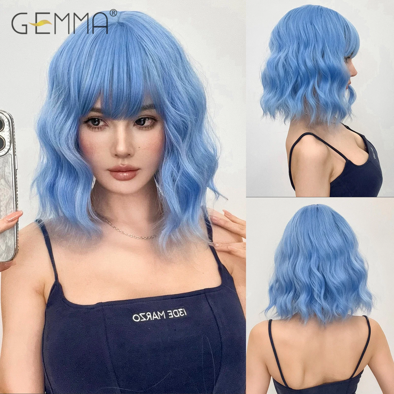 

GEMMA Sky Blue Synthetic Curly Wigs with Bangs Blue Short Wavy Bob Wigs for Women Natural Hair Cosplay Lolita Wig Heat Resistant