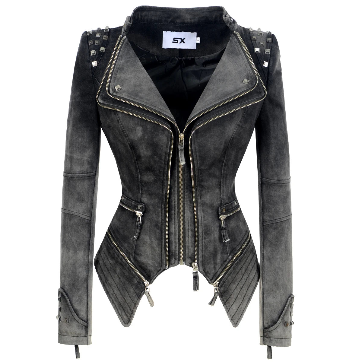 

SX Gothic Gray PUNK Rivet Jackets Women Denim Jacket Spring Winter Zipper Motorcycle Outerwear