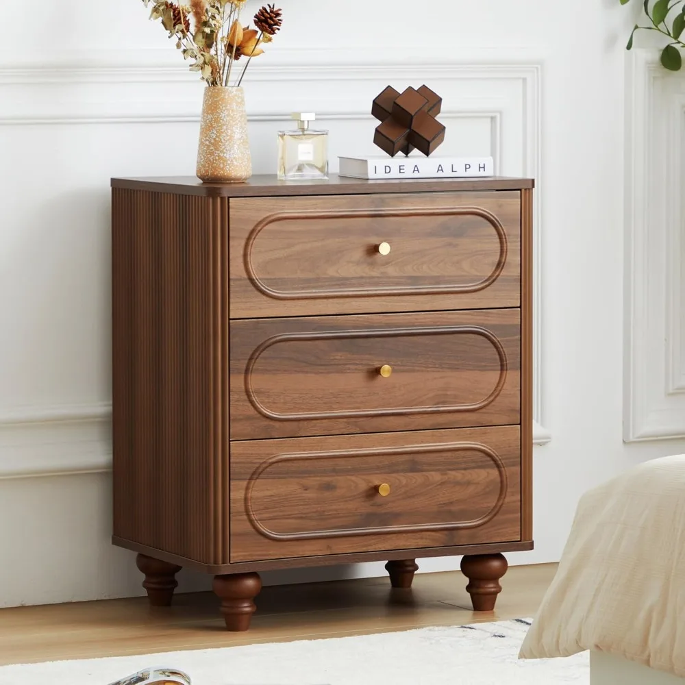 

3 Drawer Fluted Dresser for Bedroom, Mid Century Modern Chest of Drawers, Wood Storage Small Dresser Organizer for Bedroom Livi