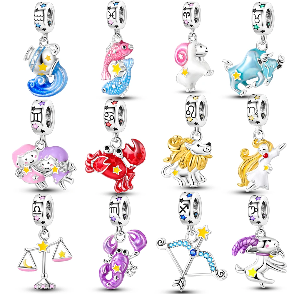 Abalorios luminosos de Plata de Ley 925 con 12 constelaciones compatibles con Pulsera Original, cáncer, Escorpio, Acuario, Toro, Virgo, Piscis