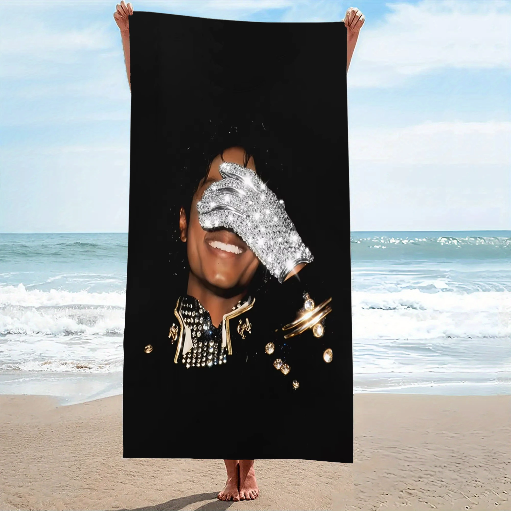 M-Michael Jackson Crystal Glove Portrait Beach Towel Microfiber Soft Quick Dry King of Pop Bath Towel for Fans Swimming Outdoor
