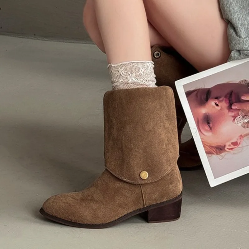 Two-Way Wear Faux Suede Long Riding Boots Western Cowboy Boots V-Notch Adult Women's Shoes PU Leather Cotton Lined Mid-Calf Boot