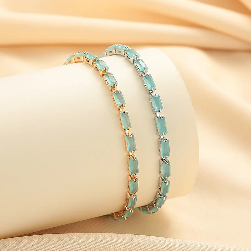 Sweet Romantic Octagon Link Bracelet Platinum Plated Matte Mint Glass Stone for Women Anniversary Gift Elegant Fashion Jewelry