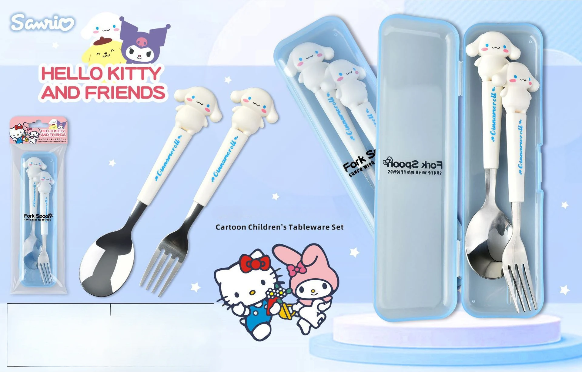 Sanrio Cinnamoroll Melody Hello Kitty Kuromi Steel เด็กน่ารักการ์ตูนแบบพกพาบนโต๊ะอาหารชุดช้อนตะเกียบ