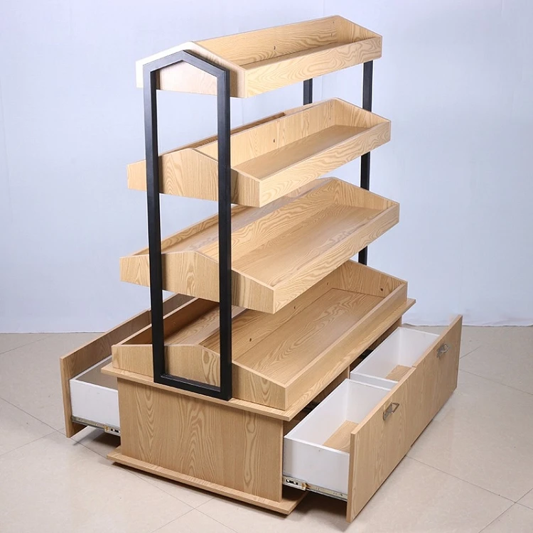 New Coming Supermarket Shelf Grocery Store Wooden Snack Storage Stand Retail Store Double-sided Snack Display Rack