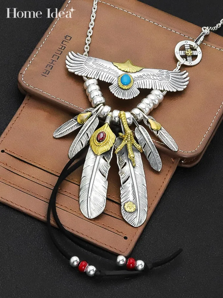 

Vintage Hip Hop Eagle Feather Tassel Pendant Necklaces High Quality S925 Sterling Silver Sweater Chain