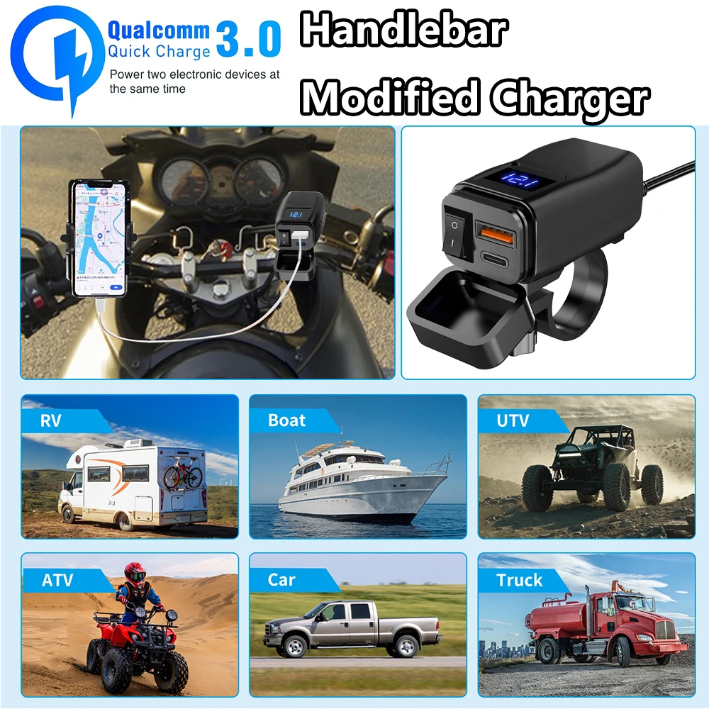 Motorcycle Handlebar Dual Usb Pd Qc3.0 Fast Charge Charger Waterproof Power Mobile Phone Charging Adapter Motorcycle Charger