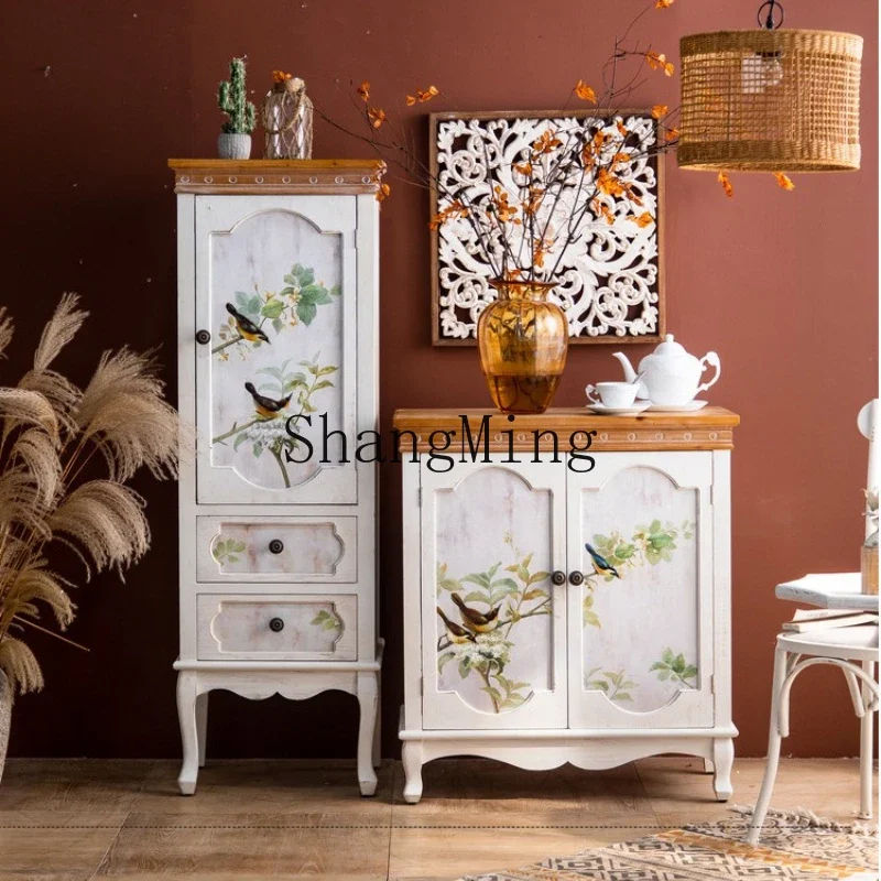 

SM pastoral painted entrance cabinet solid wood retro dining side living room double door locker traditional furniture