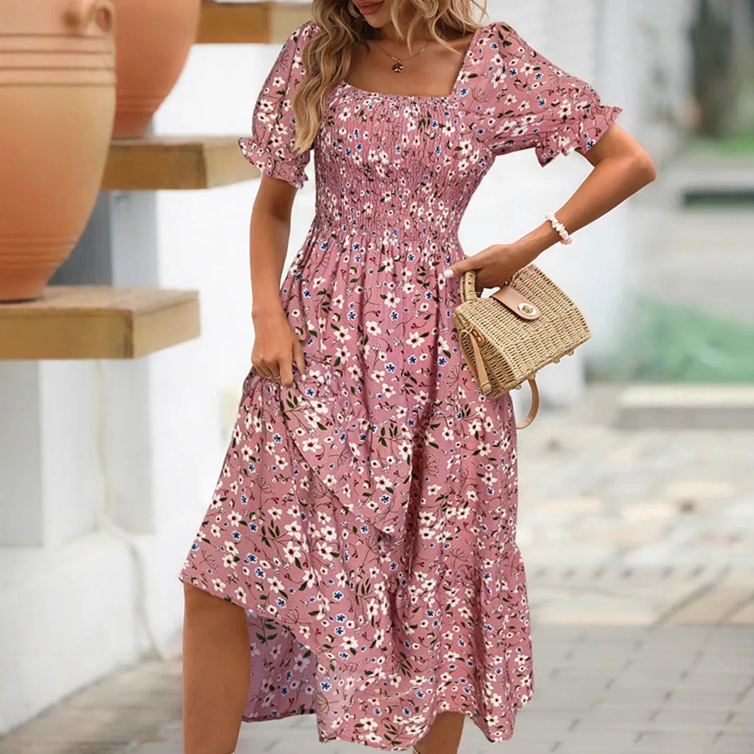 

2025 Summer fashion Elastic Dress sexy square neck puff Sleeve Loose Party maxi Dress Women Floral print Bohemian Beach Dresses