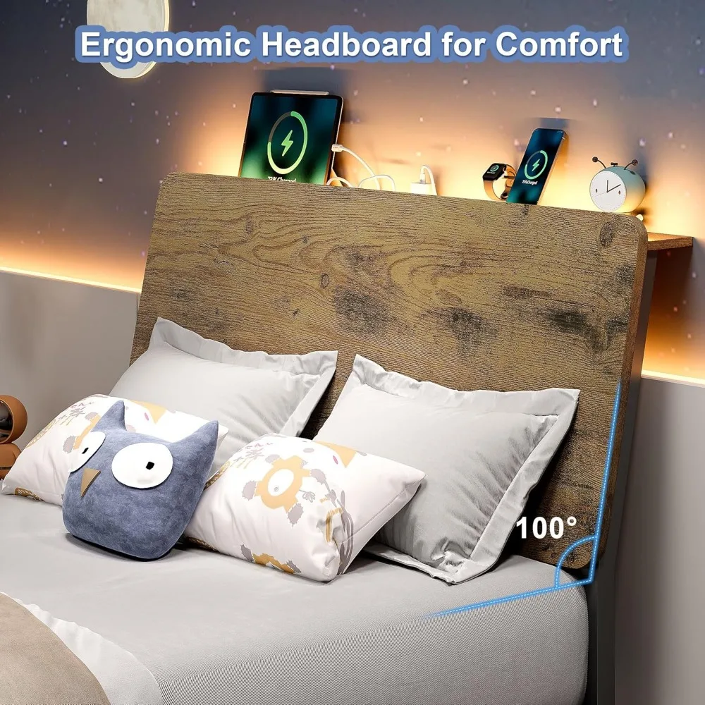 Twin Bed Frame with LED Lights, Storage Headboard & Charging Ports, Easy Assembly, Rustic Style