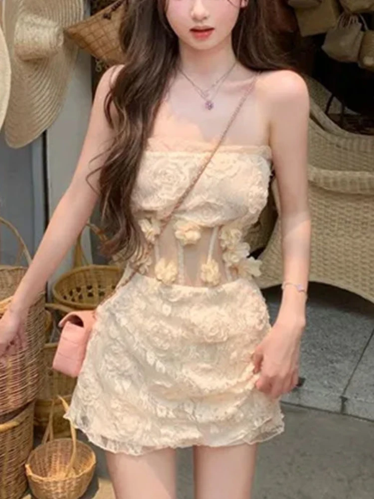 Y2k Sweet Spicy Style Elegant Dress Women Flower Solid Vintage Chic Mini Dress Female Korean Fashion Lace One Piece Dress 2024