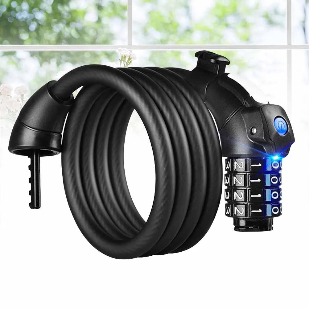 

4 Password Bike Mountain Bicycle Motorcycle Scooter Sturdy Heavy Duty 120Cm Cable Chain Lock Led Light Durable Easy Carry