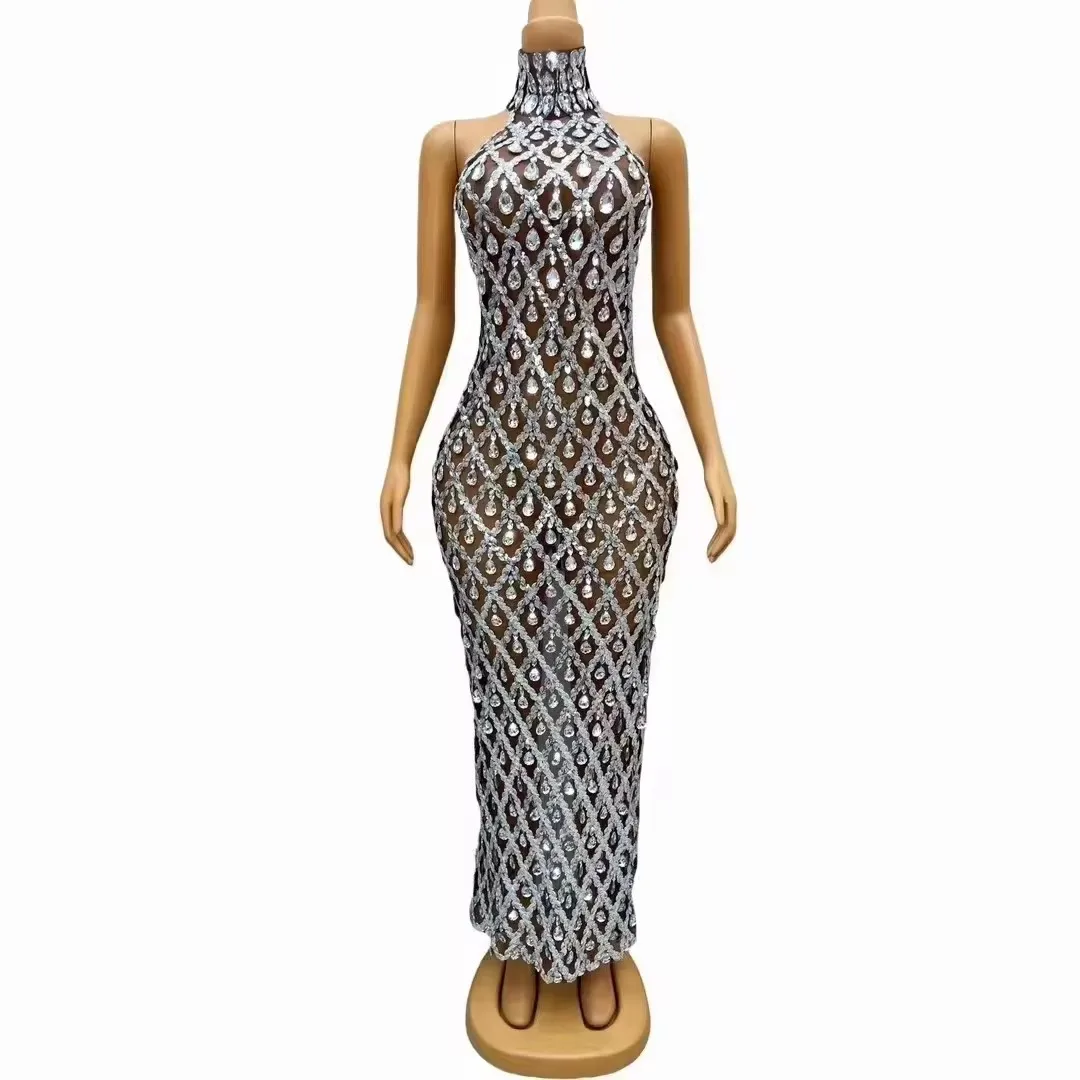 

Elegant Transparent Long Dress Mesh Sparkly Rhinestones Prom Sleeveless Evening Celebrate Wedding Party Birthday Stage Costume