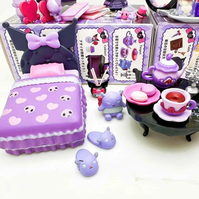 Re-ment 8Pcs/set Sanrio Kuromi Gothic Room Purple Miniature Scene Blind Box Toys Anime Figure Doll Gifts Toys Collect Ornaments