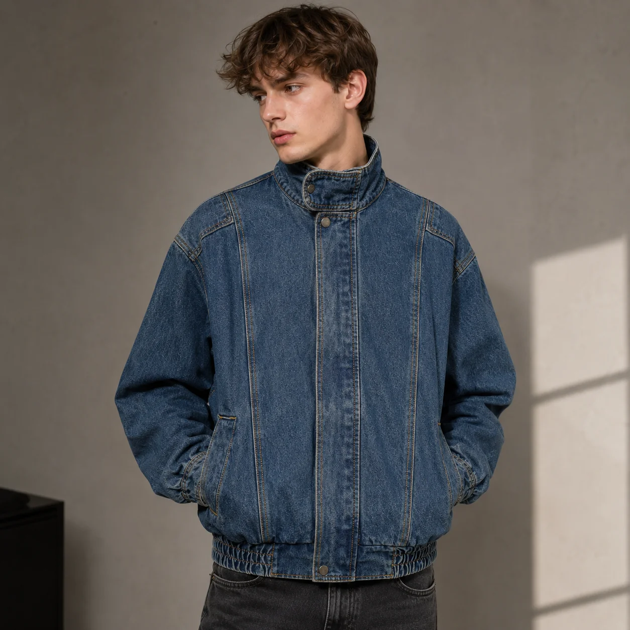 Men's Stand Collar Denim Jacket Zip Up Button Casual Loose Fit Streetwear Vintage Jean Coat 2026 New