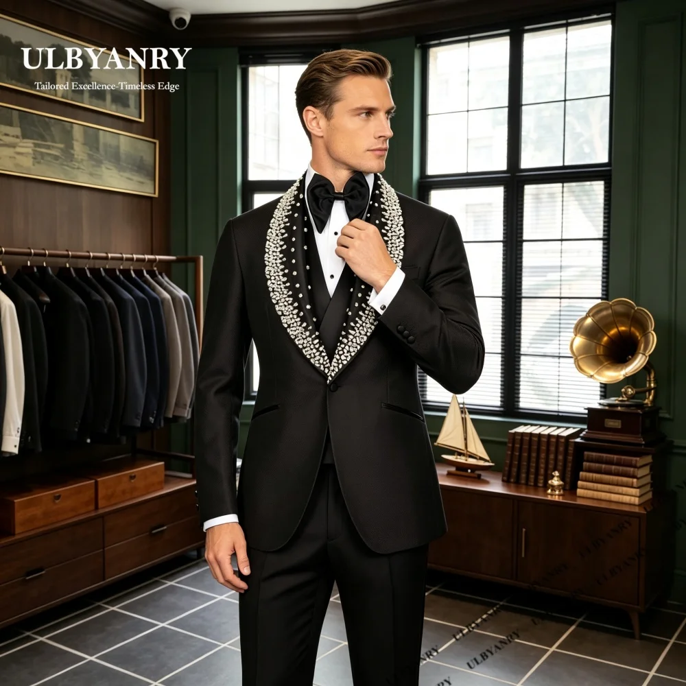 Luxurious 3-Piece Suit Set with Crystals Handsewn Men's Wedding Suit Attire Black Groom's Suit Set Blazer Trousers