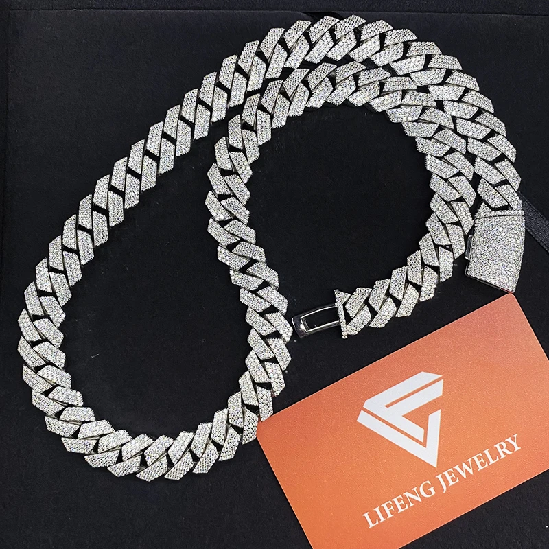 New Arrival Fashion Jewelry 925 Silver Necklace 15MM Iced Out VVS Moissanite Diamonds 3 Rows White Gold Plated Cuban Link Chain