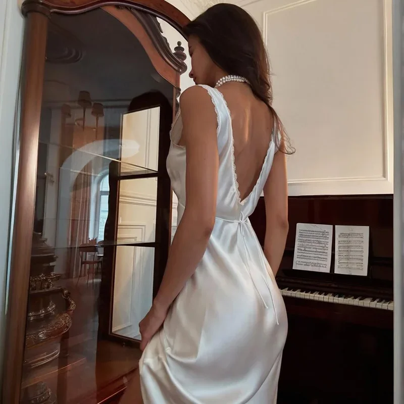 Fmxires Abito lungo sottile senza maniche alla moda per le donne Elegante abito sexy in pizzo con scollo a V in raso a vita alta Abiti da sera per feste Lady