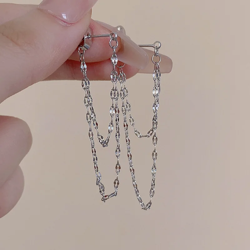 Double Layer Metal Chain Tassel Dangle Earrings for Women Goth Punk Silver Color Statement Earrings Girls Simple Jewelry Gift