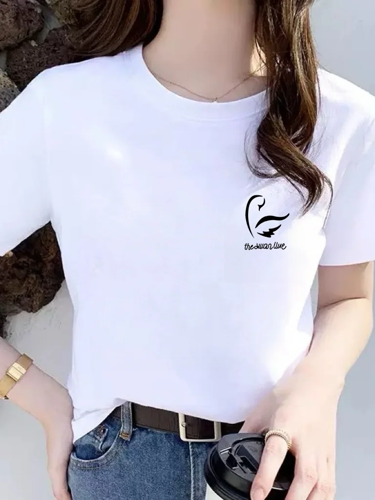 

Новая женская футболка 2026 года, белая, с коротким рукавом, свободного кроя, с круглым вырезом, с принтом, простая, универсальная, больших размеров, с рисунком медведя, летний топ