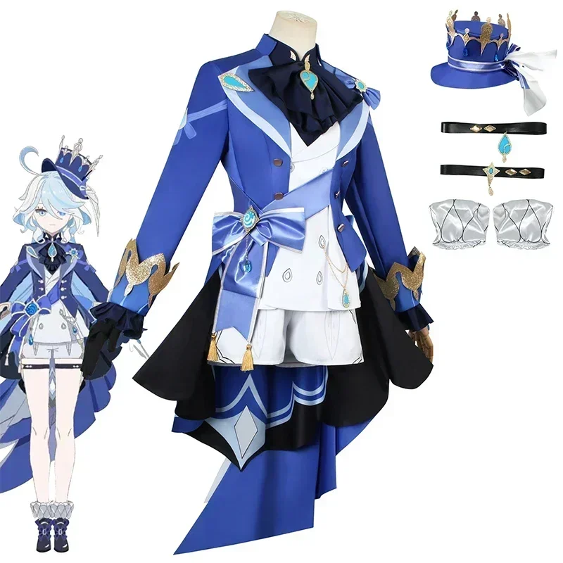 Game Genshin Impact Furina Cosplay Costume Wig Hat Women Water God Fontaine Focalors Cosplay Outfit Dress Halloween Costumes image 2