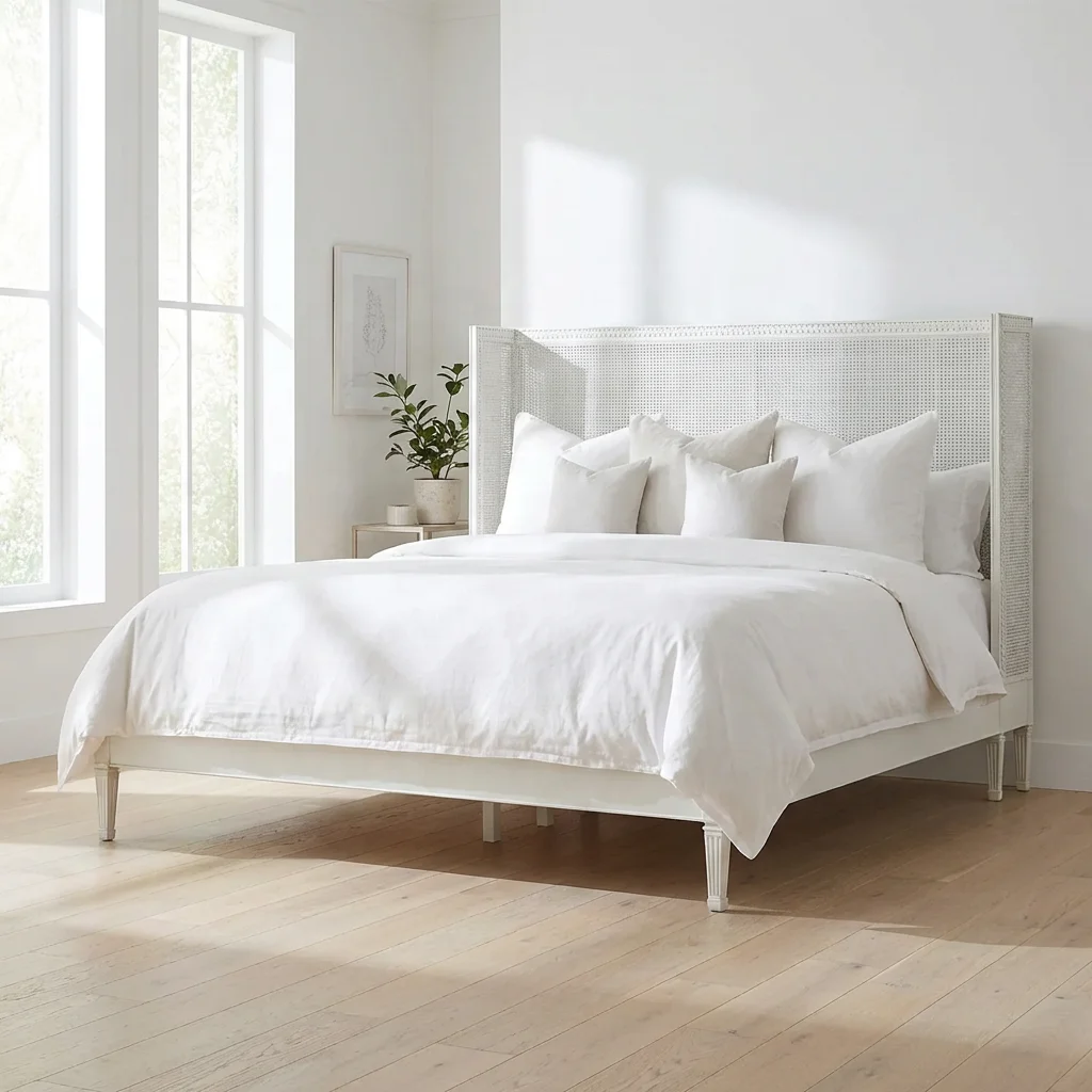 

* French Antique Hand Carved Cane Rattan Bed Solid Wood Frame Durable Double Bed Platform Queen King Size Bedroom Furniture