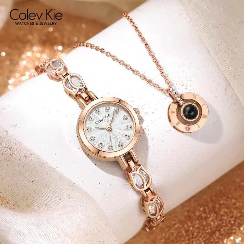 ColevKie Woman Watch Jewelry Diamond Bracelet Strap Small Round Quartz Watches Fashion Luxury Elegant Ladies Wristwatch Gift Set