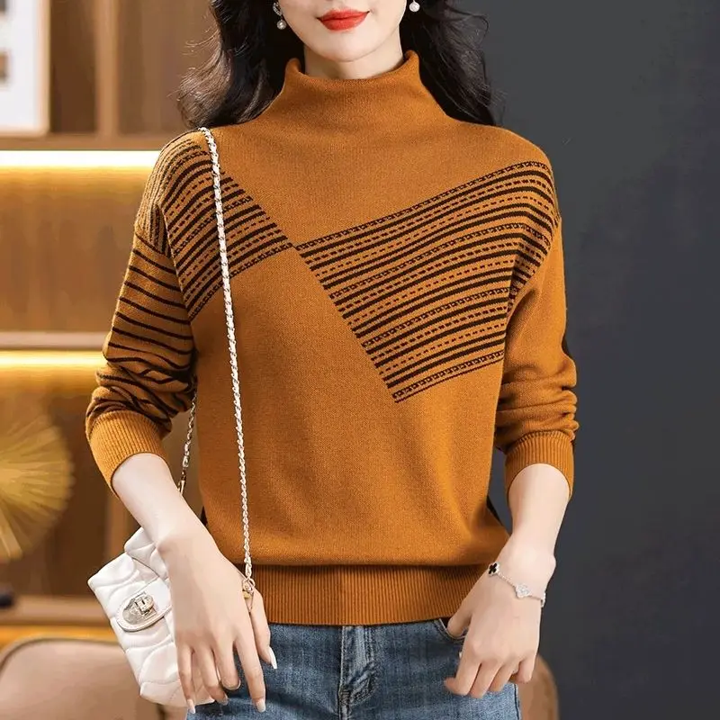 2024 Autumn Winter New Office Lady Printing Knitting Half Height Collar Pullovers Ladies Fashion Striped Long Sleeve Sweater