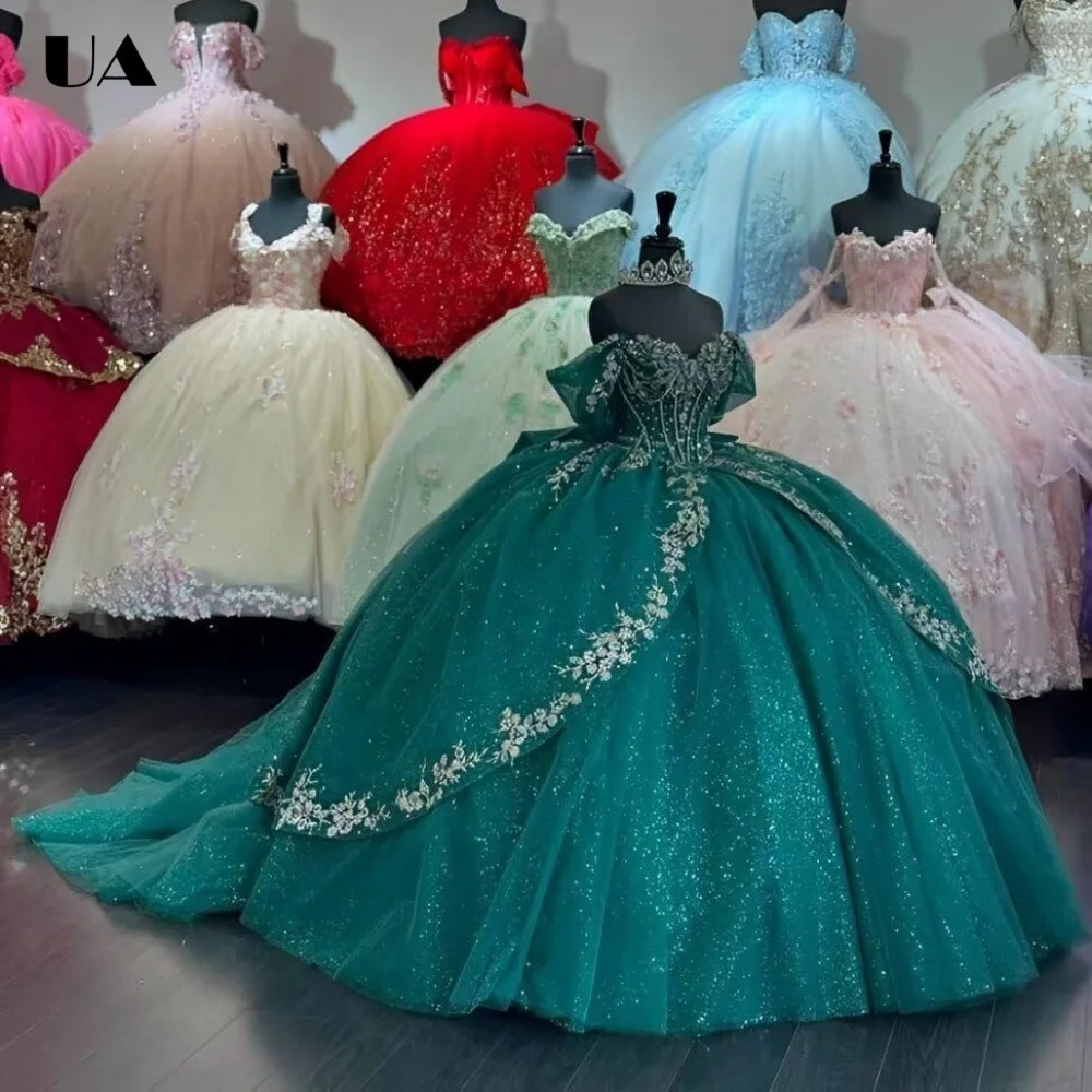 

ULBYANRY Customized Mesh A-line Off-the-shoulder Sweet 15 Dress Sparkly Applique Quinceanera Dress Princess Style Bow Prom Dress