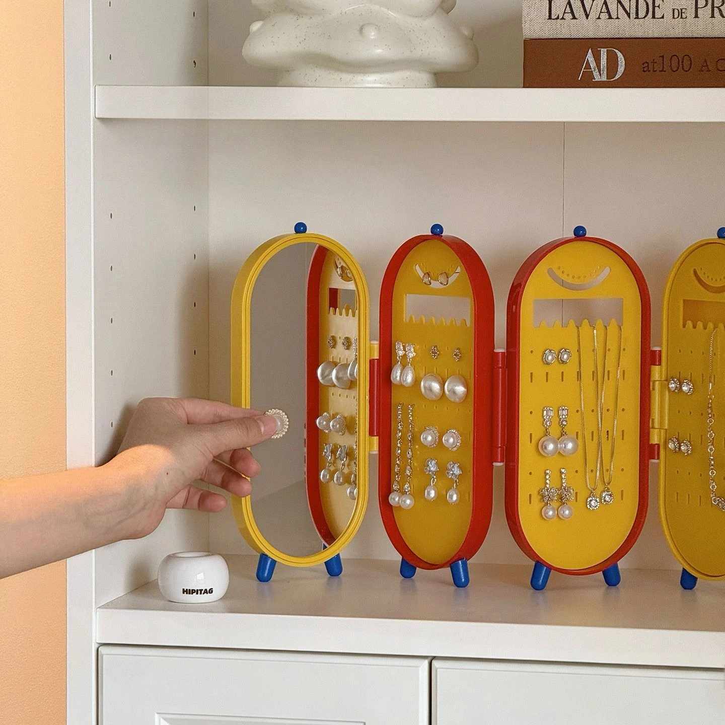 Folding Screen‑Style Jewelry Organizer Boxes 4‑Panel Foldable Earring Necklace Storages Stand with Mirror Jewelry Display Holder