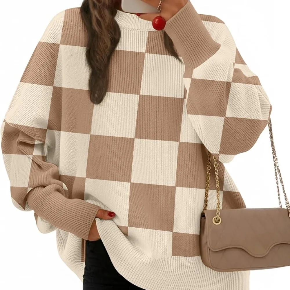 Modischer, hochgeschlossener, gestreifter Strickpullover, übergroßer Pullover, Rundhalsausschnitt, Fledermausärmel, weicher, bequemer Kopf