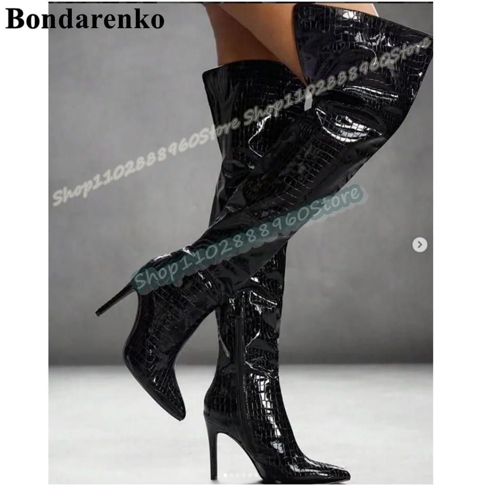 Черные кожаные ботинки выше колена из крокодиловой кожи с острым носком, женские трендовые ботинки на тонком высоком каблуке с боковой молнией и острым носком