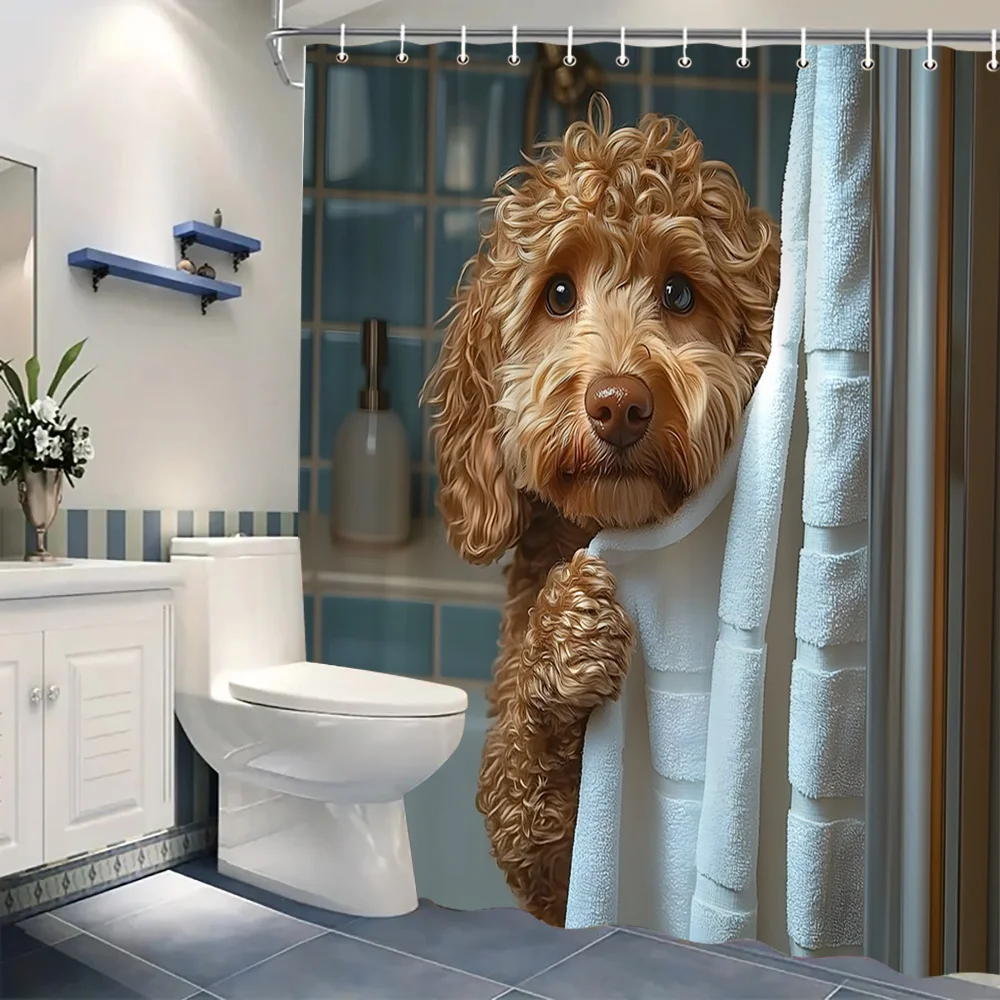 1 Piece Adorable Poodle Puppy Shower Curtain - Cute Peeking Dog Digital Art Decor - Washable Fabric Curtain - Moving Gift