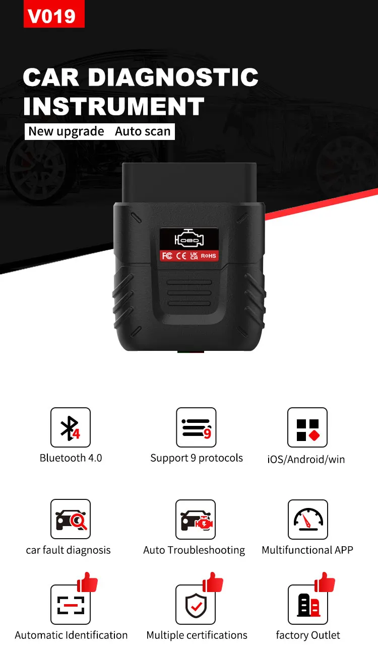 

V019 OBD2 Car Diagnostic Detector ELM 327 Scanner Car Diagnostic Tool Auto Scan Tool OBD2 Scanner for IOS Android PC Bluetooth