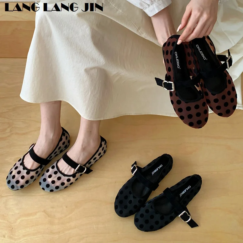 

Polka Dot Ballet Flats For Women Breathable Mesh Retro Round Toe Ballerina Shoe 2026 Spring Summer Brand Design Ladies Mary Jane