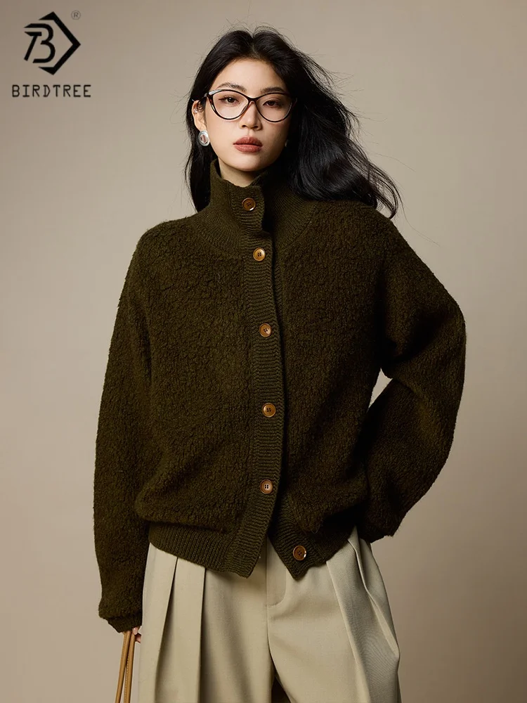 

Birdtree,100% Sheep Wool Thicken Knitted Cardigan,Woman Turtleneck Single Breasted Sweaters,2025 Autumn/Winter Top,GreenT5O831JF
