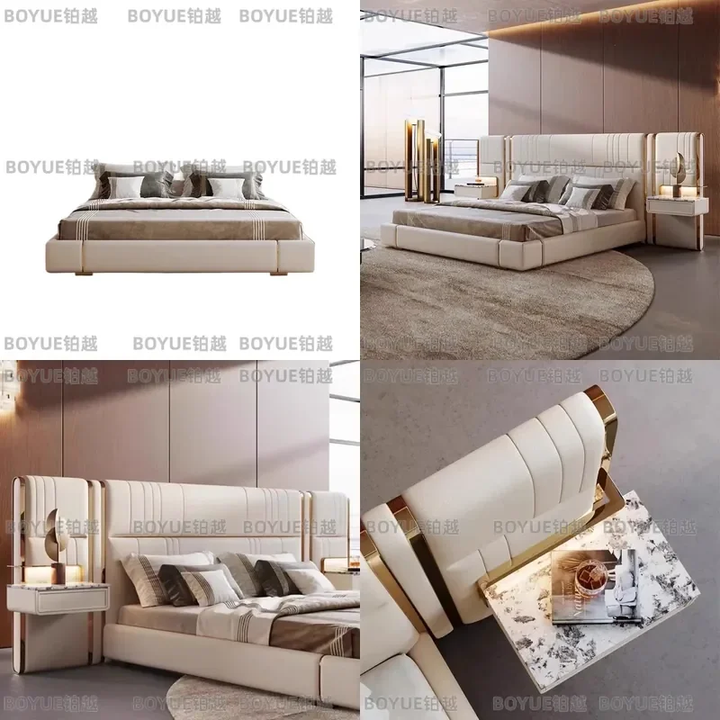 Italian Luxury Leather Bed Modern Simple Upholstered Headboard Master Bedroom Wedding Furniture Large Soft Backrest Villa