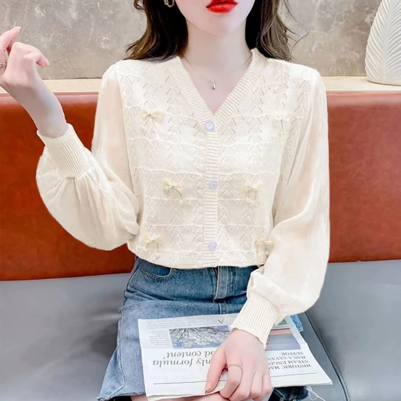 New Women Clothing Spring Autumn Korean Fashion Bow Chic Sweet Patchwork Knitwears Female V Neck Long Sleeve Loose Pullover Tops