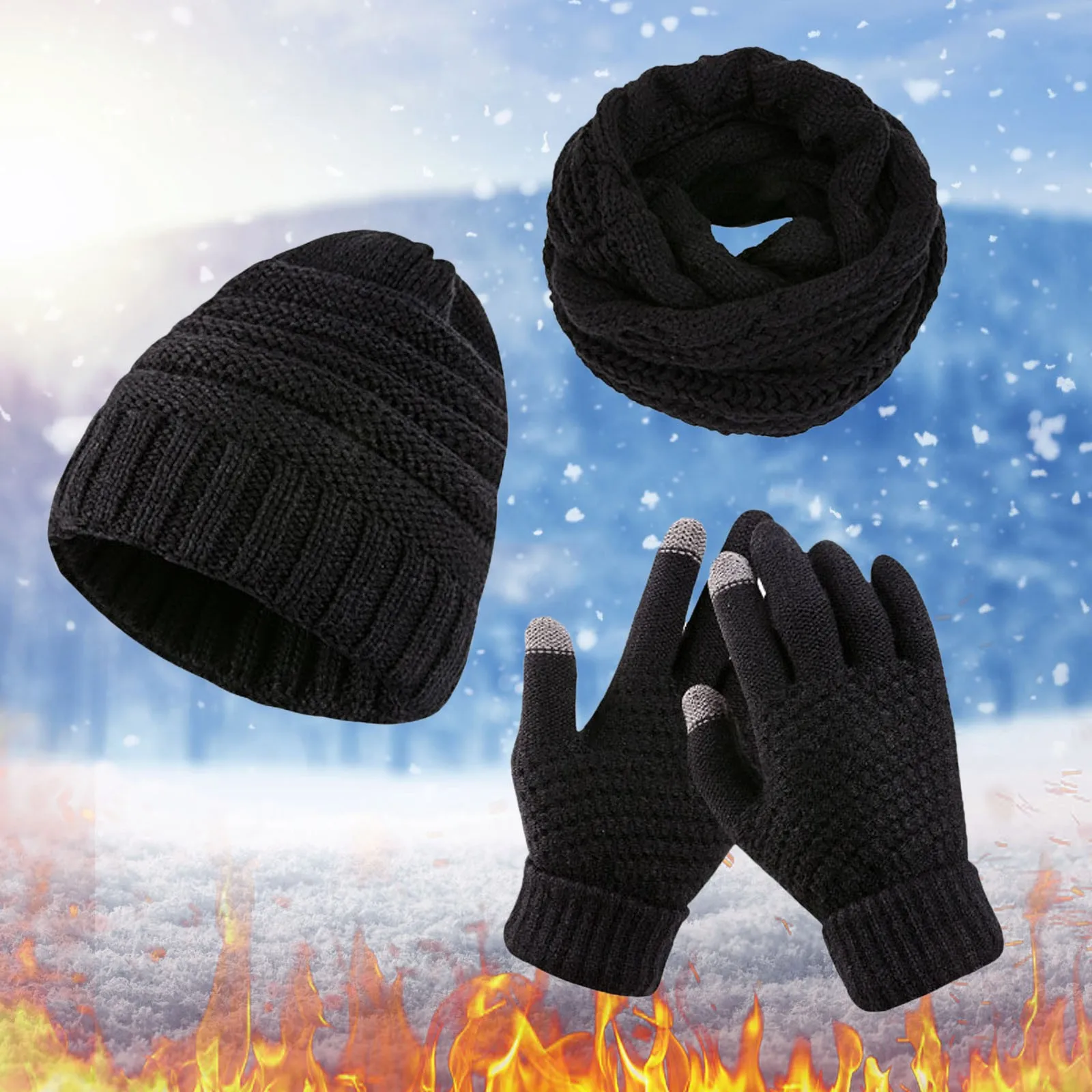 Gorro de lana cálido para hombre y mujer, bufanda, guantes holgados, tres piezas, gorro de punto para nieve, pantalla, Otoño e Invierno