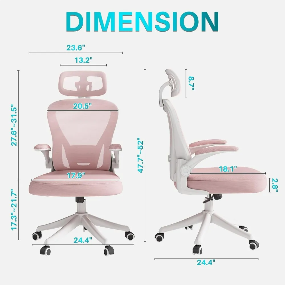 Ergonomic office chair with wheels, comfortable mesh, adjustable waist support and headrest, swivel computer desk and chair