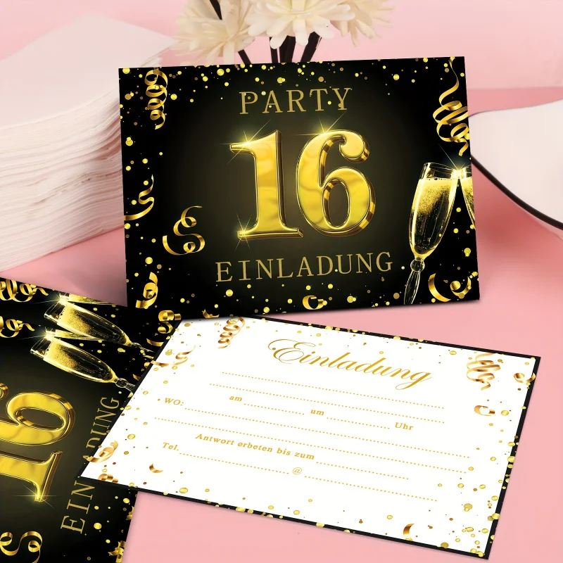 12 قطعة. دعوات عيد ميلاد ذهبية سوداء لـ 16th/18th/20th/30th/40th/50th/60th/70th/80th/90th. أعياد الميلاد - النجم الأنيق #4