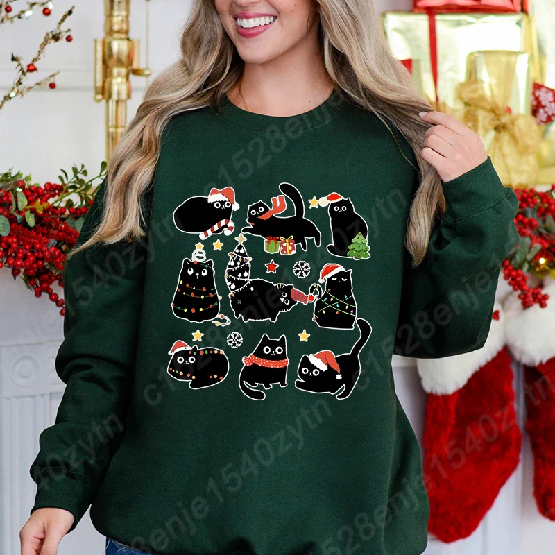 

Festive Christmas Cat Print Women's Sweatshirt, Casual Crew Neck, Long Sleeves Pullovers For Winter, Women Xmas Sweatshirts