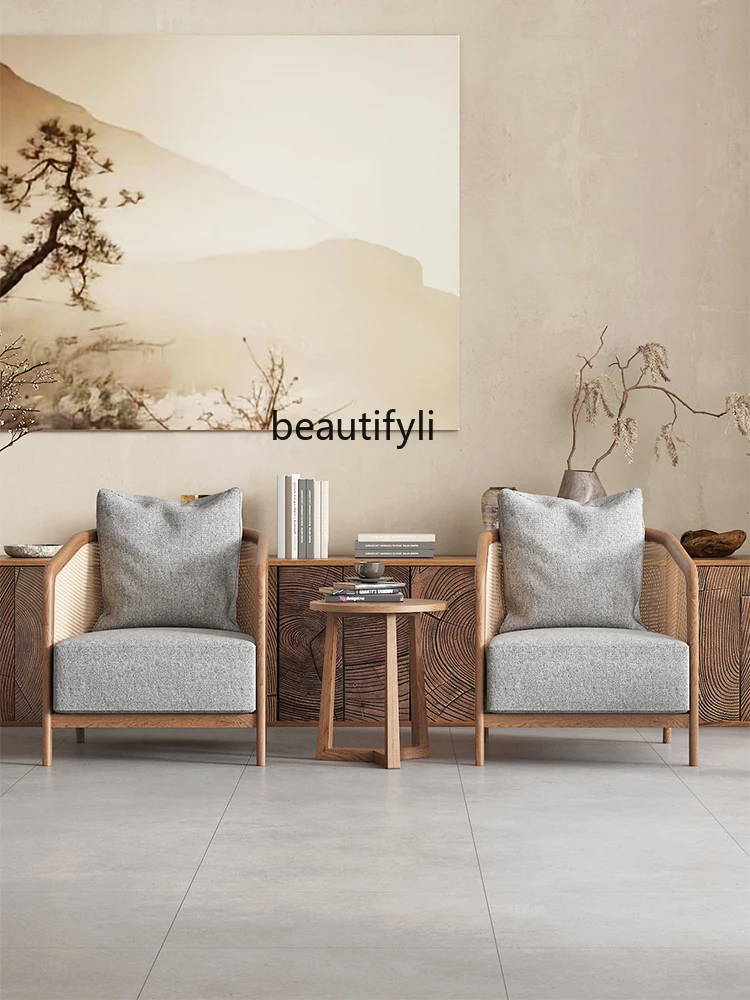 

Nordic rattan single sofa chair new Chinese homestay solid wood reception chair model room leisure chair