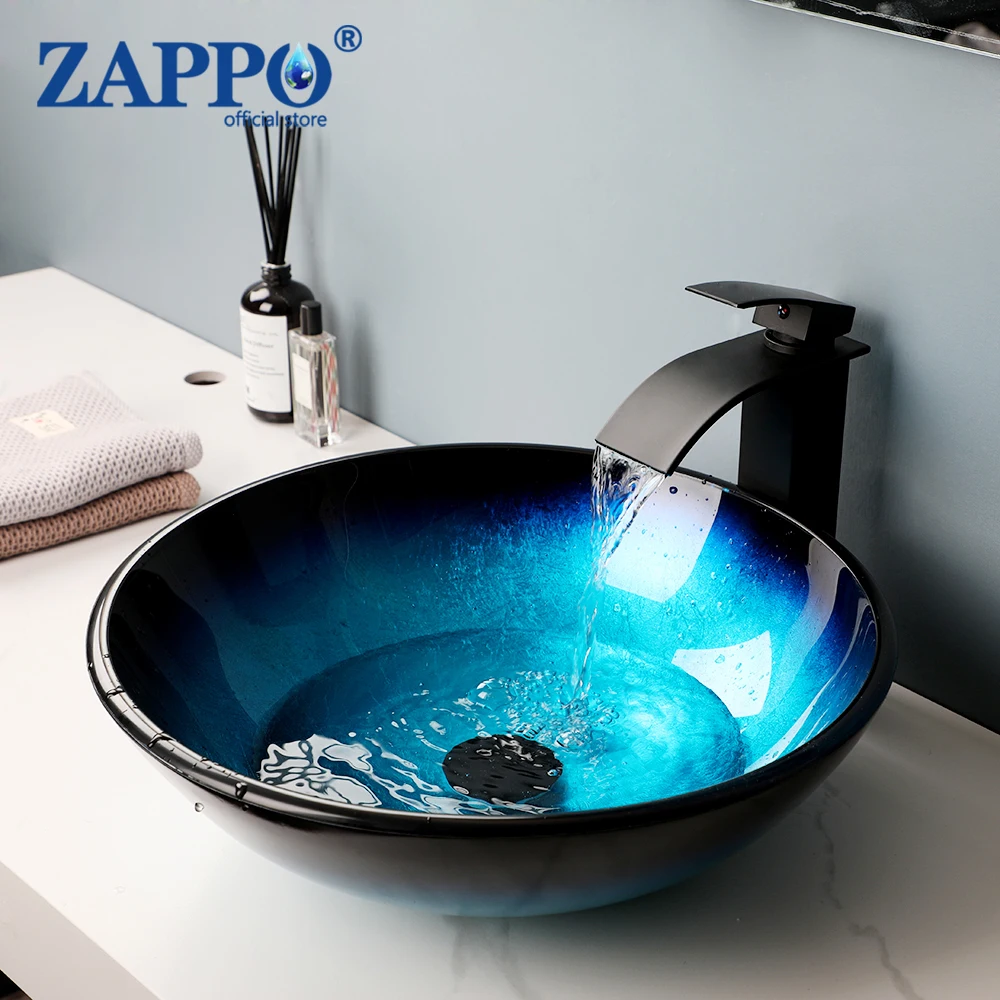 

ZAPPO Blue Bathroom Sinks Glass Vessel Sinks for Bathroom Countertop Round Vanity Sink Faucet Combo Bowl for Bathroom Mixer
