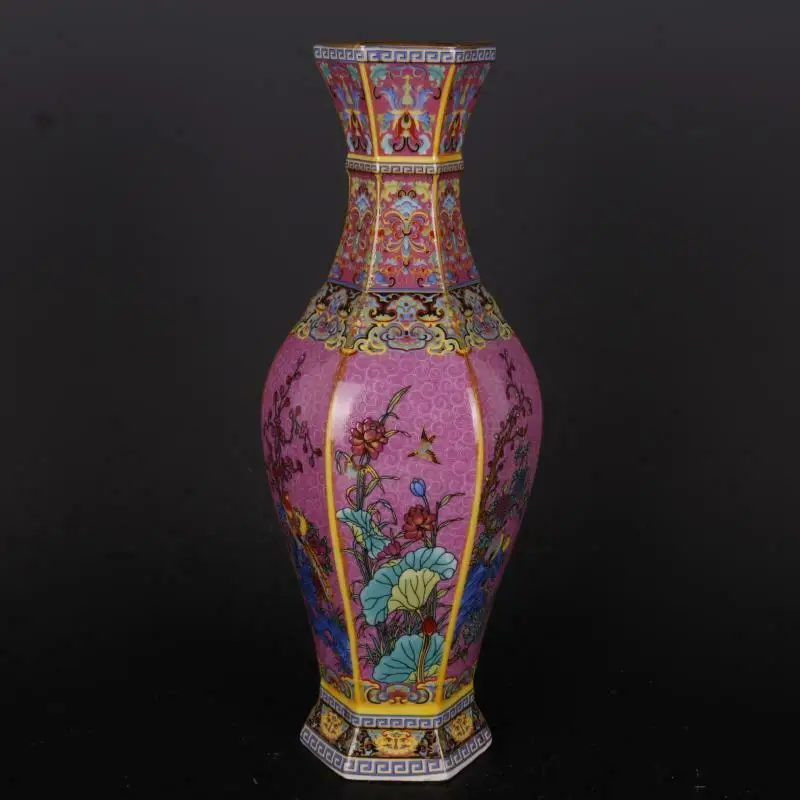 Chinese Colour Enamel Porcelain Qing Yongzheng Six Sides Flower Bird Design Vase