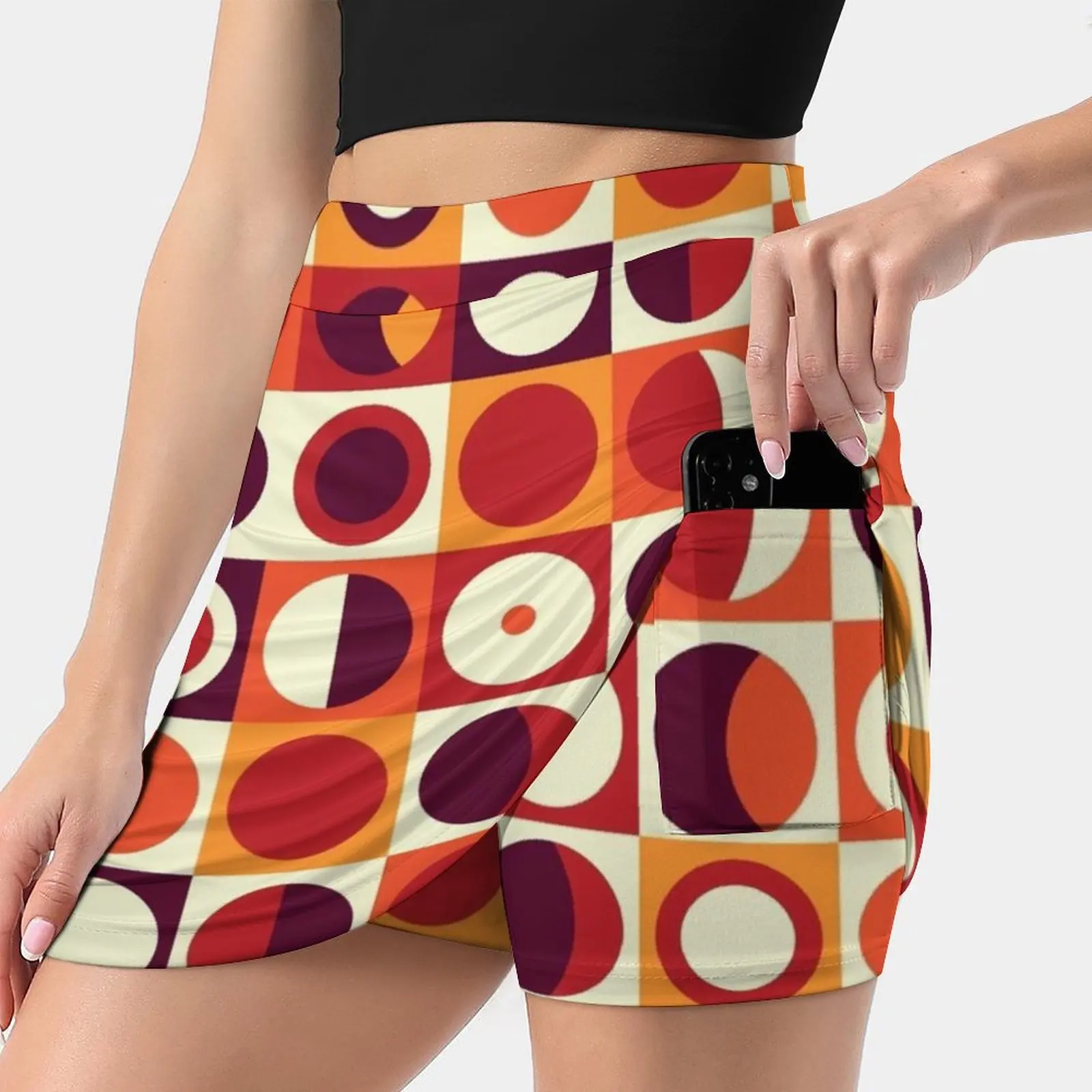 Orangy 70S Pattern Skirts Woman Fashion 2022 Pant Skirt Mini Skirts Office Short Skirt Orange Geometry Geometric Squares